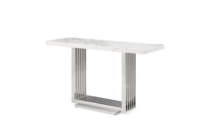 VIG Furniture Kingsley Marble & Stainless-Steel Console Table With 2" Thick White Marble Top, Mirror-Polished Base (59"W) VGVCK8933-STL