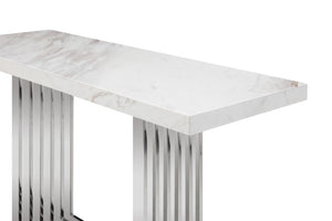 VIG Furniture Kingsley Marble & Stainless-Steel Console Table With 2" Thick White Marble Top, Mirror-Polished Base (59"W) VGVCK8933-STL