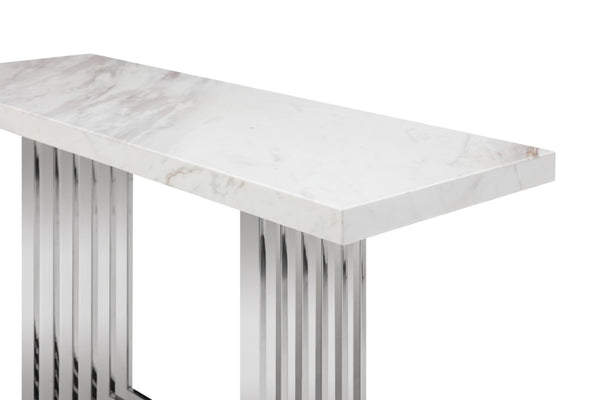 VIG Furniture Kingsley Marble & Stainless-Steel Console Table With 2" Thick White Marble Top, Mirror-Polished Base (59"W) VGVCK8933-STL