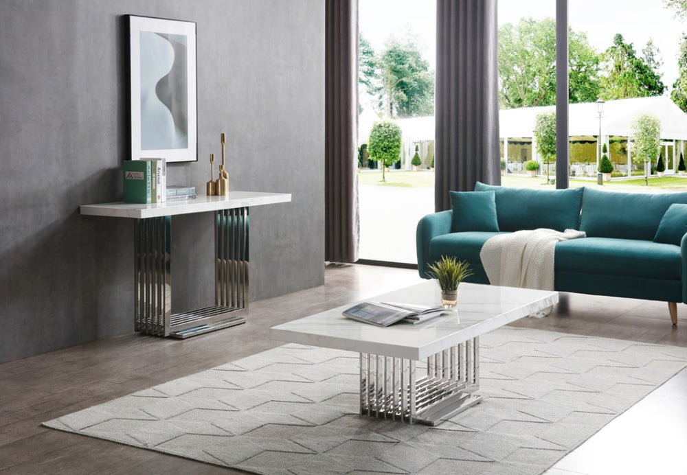 VIG Furniture Kingsley Marble & Stainless-Steel Console Table With 2" Thick White Marble Top, Mirror-Polished Base (59"W) VGVCK8933-STL