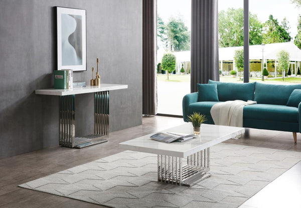 VIG Furniture Kingsley Marble & Stainless-Steel Console Table With 2" Thick White Marble Top, Mirror-Polished Base (59"W) VGVCK8933-STL
