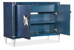 Hooker Furniture Melange Sapphire Accent Chest With Luxe Primavera Veneer, Acrylic Legs, Silver Floral Pulls, Soft-Close Storage 628-85678-45