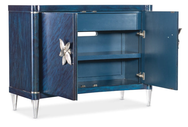 Hooker Furniture Melange Sapphire Accent Chest With Luxe Primavera Veneer, Acrylic Legs, Silver Floral Pulls, Soft-Close Storage 628-85678-45