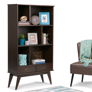 English Elm Draper Mid-Century Wide Bookcase & Storage Unit - Stylish Solid Rubberwood In Medium Auburn Brown B136P158159