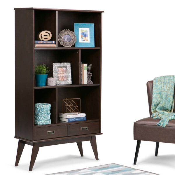 English Elm Draper Mid-Century Wide Bookcase & Storage Unit - Stylish Solid Rubberwood In Medium Auburn Brown B136P158159