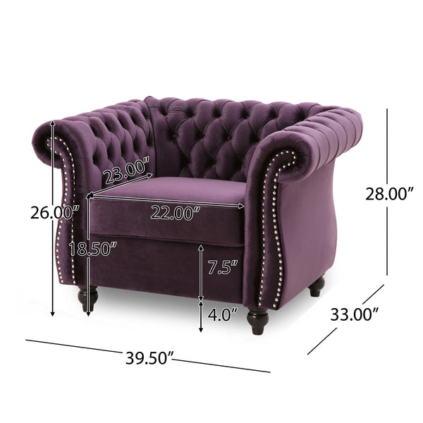 English Elm Christopher Knight Home® - Chesterfield Velvet Club Chair with Birch Wood Legs — Luxurious Textures, Deep Comfort, Elegant Accent Seating Dark Purple 34.75 L x 34 W x 24.75 H 66583.00BLKBRY