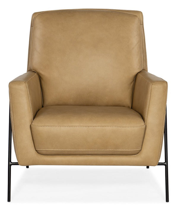 Hooker Furniture Amette Sculptural Club Chair In Top-Grain Anker Sand Leather With Slender Metal Frame, Modern Comfort Light Brown CC452-009