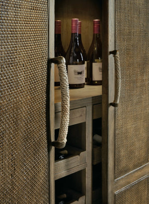 Hooker Furniture Sundance Rattan Bar Cabinet With Pecan Veneer, Integrated Lighting, Pull-Out Shelves & Wine Storage 6015-75160-89