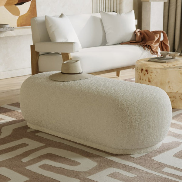VIG Furniture Kael Sherpa Ottoman Bench, Cream 56" X 25" X 17" — Cozy Textured Seating, Durable 330 Lb Capacity VGODZW-20100-WHT-OTT