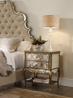 Hooker Furniture Sanctuary Mirrored Leg Nightstand In Bling Gold With Felt-Lined Drawers, Antique Mirror Accents 3016-90015