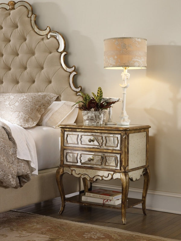 Hooker Furniture Sanctuary Mirrored Leg Nightstand In Bling Gold With Felt-Lined Drawers, Antique Mirror Accents 3016-90015