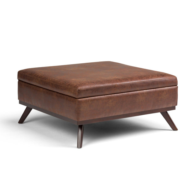 English Elm Owen Square Storage Ottoman - Mid-Century Modern Coffee Table In Distressed Brown Vegan Leather B136P159175-GIGA