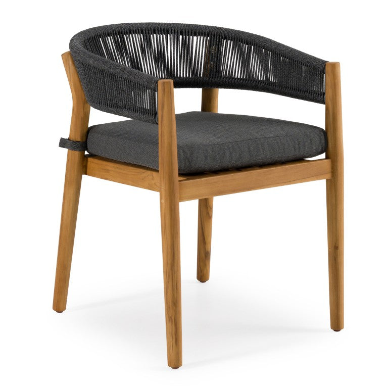 VIG Furniture Kamari Teak Dining Chairs Set Of 2 — Grey Olefin Upholstery, Rope Accents, 500Lb Capacity, Weather‑Ready VGEF-LOIVRE-CHR