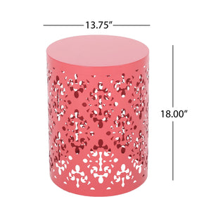 English Elm Outdoor Iron Accent Table Laser Cut Floral Cylinder Design for Patio or Balcony Coral 73605.00DCRL