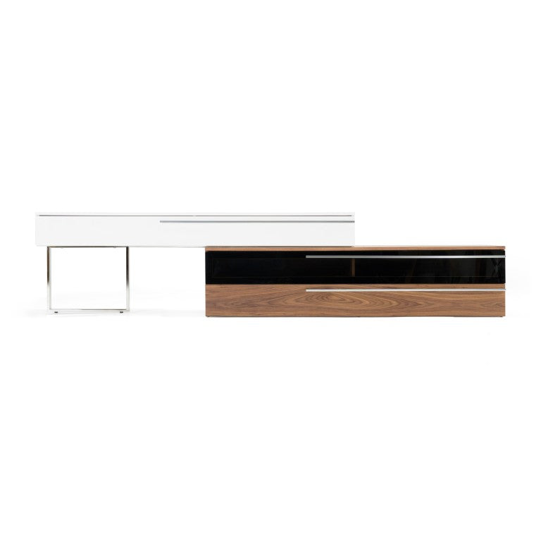 VIG Furniture Karlstad Modern White & Walnut Tv Stand With Soft-Close Drawers, Tempered Glass, Brushed Steel Legs VGBB-MF1901TV