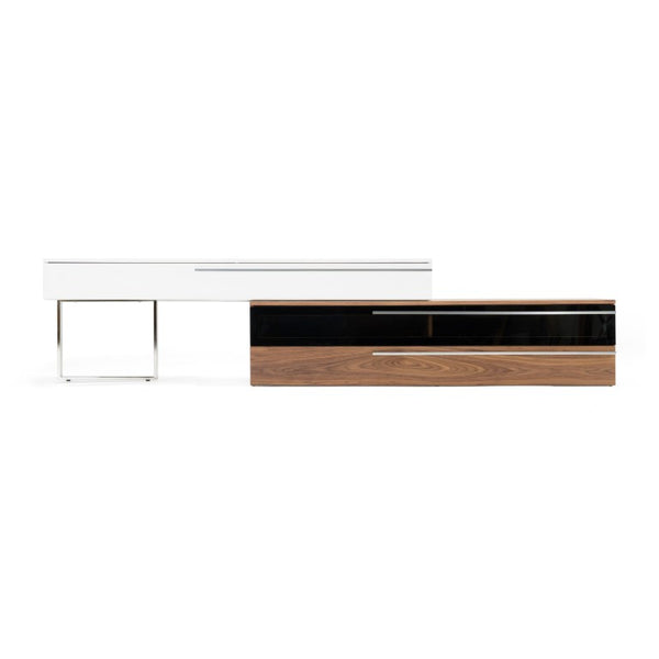 VIG Furniture Karlstad Modern White & Walnut Tv Stand With Soft-Close Drawers, Tempered Glass, Brushed Steel Legs VGBB-MF1901TV