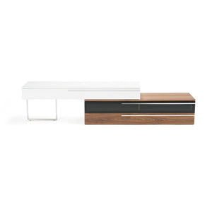 VIG Furniture Karlstad Modern White & Walnut Tv Stand With Soft-Close Drawers, Tempered Glass, Brushed Steel Legs VGBB-MF1901TV