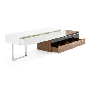 VIG Furniture Karlstad Modern White & Walnut Tv Stand With Soft-Close Drawers, Tempered Glass, Brushed Steel Legs VGBB-MF1901TV