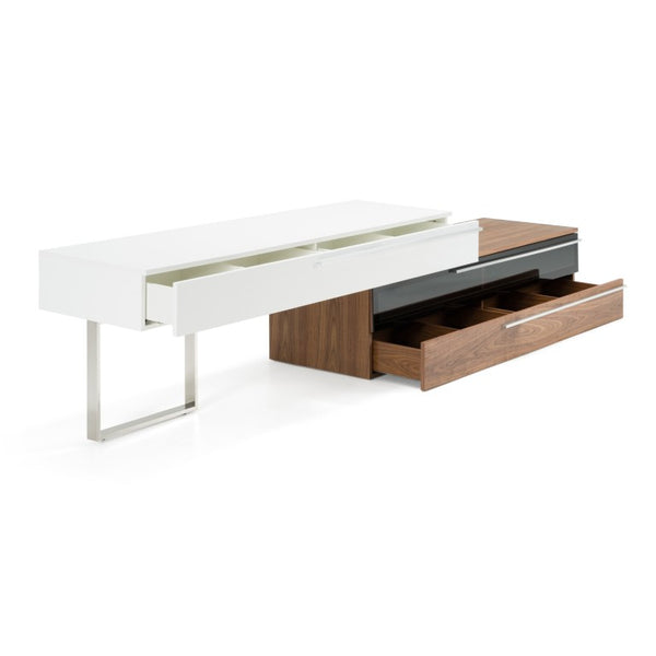 VIG Furniture Karlstad Modern White & Walnut Tv Stand With Soft-Close Drawers, Tempered Glass, Brushed Steel Legs VGBB-MF1901TV