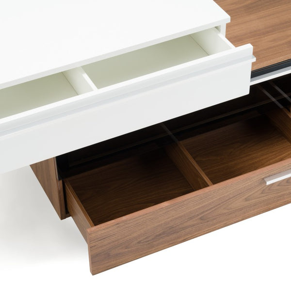 VIG Furniture Karlstad Modern White & Walnut Tv Stand With Soft-Close Drawers, Tempered Glass, Brushed Steel Legs VGBB-MF1901TV