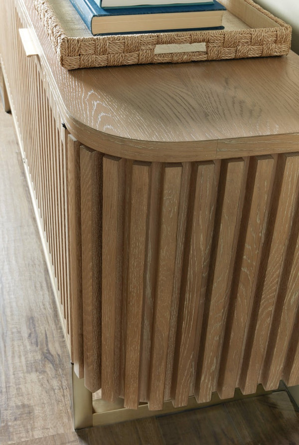 Hooker Furniture Commerce Easton Entertainment Console In Desert Oak — White Oak Solids, Slatted Doors, Cable Management, 78" Wide 7228-55050-82