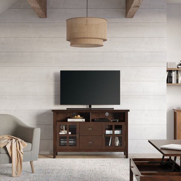 English Elm Artisan Tv Media Stand - Handcrafted Solid Wood In Russet Brown With Glass Doors & Antique Hardware B136P158405