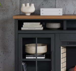 Legends Furniture Bridgevine Home Essex 74 Inch Fireplace Tv Stand Console For Tvs Up To 85 Inches, Black And Whiskey Finish Black Poplar Solids And Okoume Veneers Es5110.Swk