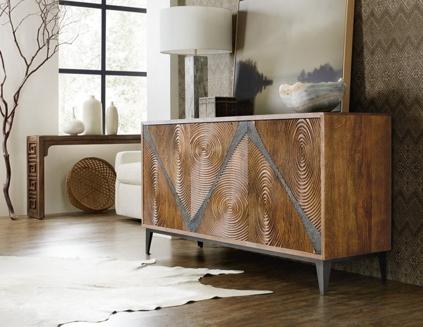 Hooker Furniture Commerce Vortex Credenza With Mango Wood, Slate Inlay & Iron Base — Tv Console, Buffet Storage 7228-85076-85