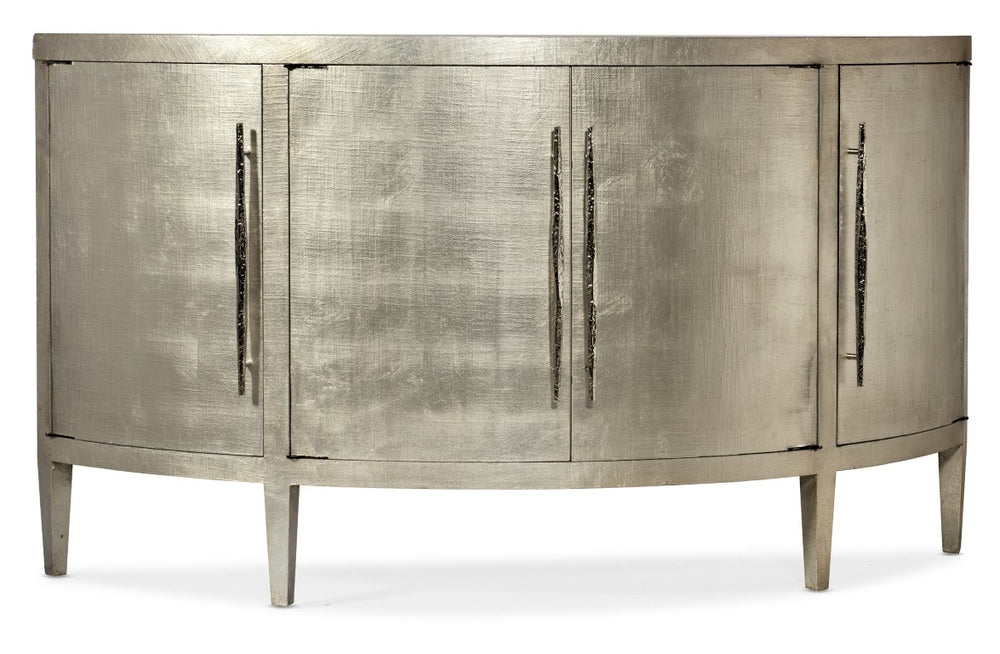 Hooker Furniture Melange Amberly Credenza With Champagne Silver Leaf Linen Finish, Taupe Interior, Textured Bar Pulls 638-85555-95