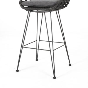 English Elm Christopher Knight Home® - DALE Hand-Wrapped Outdoor Wicker Barstool Set of 2 with Water-Resistant Cushions and Iron Frame Grey 65482.00GRY