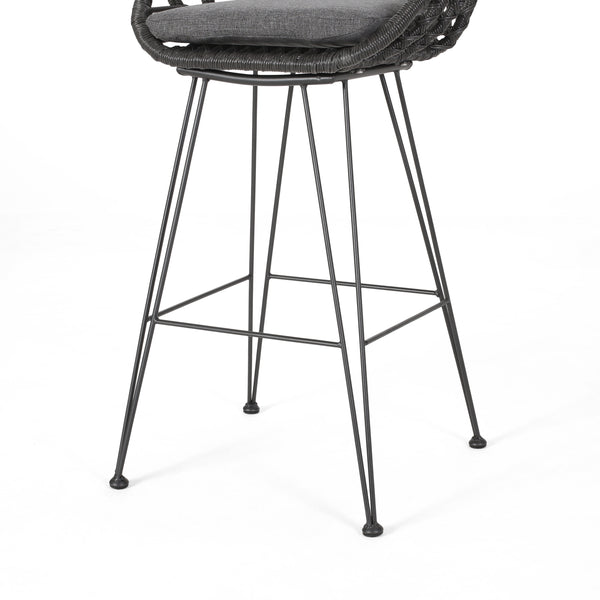 English Elm Christopher Knight Home® - DALE Hand-Wrapped Outdoor Wicker Barstool Set of 2 with Water-Resistant Cushions and Iron Frame Grey 65482.00GRY