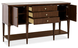 Hooker Furniture Archives Server — Figured Walnut Sideboard With Castle Grey Marble Top, Satin Brass Hardware, Generous Storage 6123-75907-89