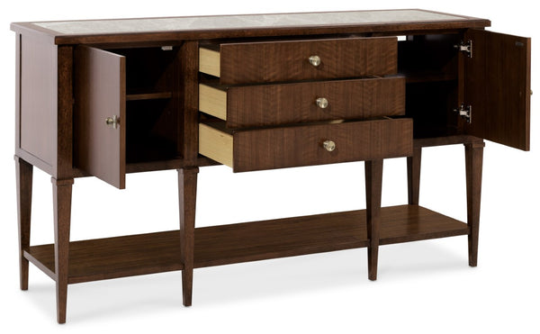 Hooker Furniture Archives Server — Figured Walnut Sideboard With Castle Grey Marble Top, Satin Brass Hardware, Generous Storage 6123-75907-89