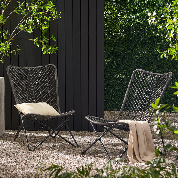 English Elm Gatlin Woven Wicker Outdoor Accent Chair Set Bohemian Curved Shell with Geometric Base 70650.00GRY