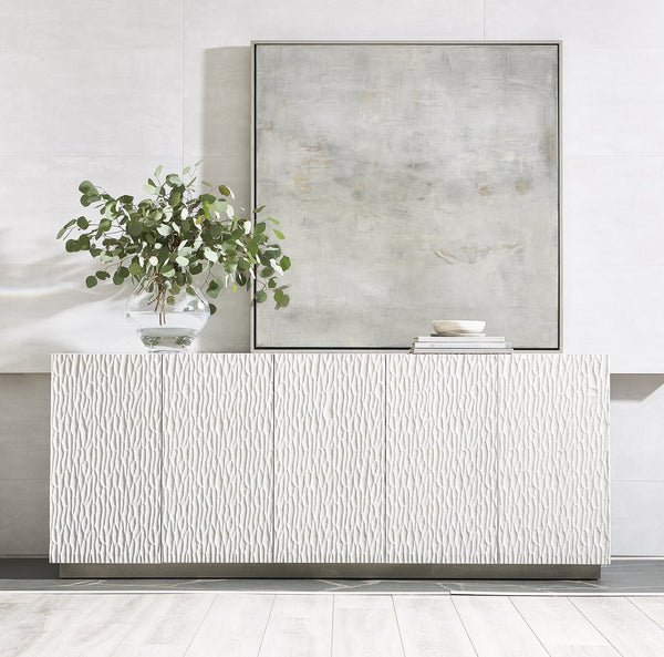 Bernhardt Bernhardt Solaria Entertainment Credenza – 80" Rustic Modern Media Console With Wave-Textured Doors, Cable Management, Nickel Base 310880