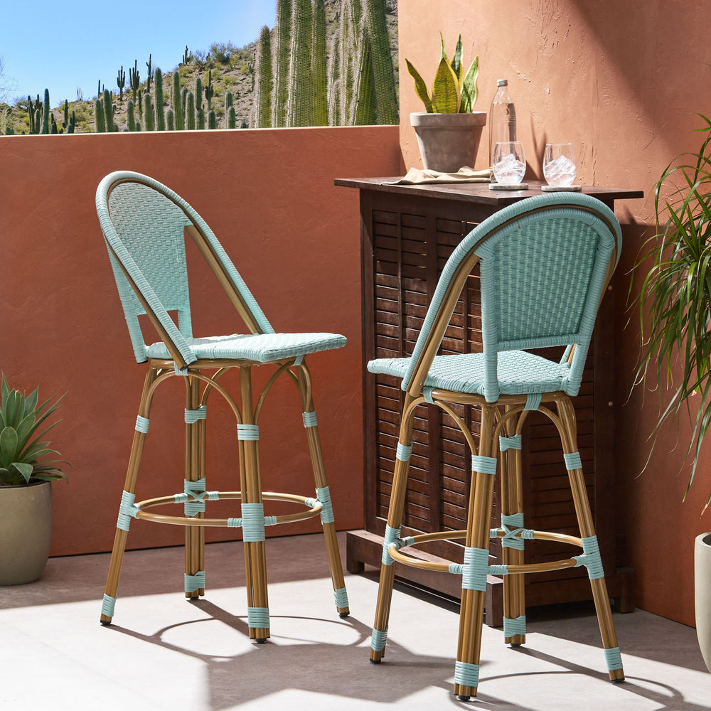 English Elm 29.5" Outdoor Pe Rattan Bistro Barstools Set of 2 Woven Teal French Cafe Style 72606.00LT