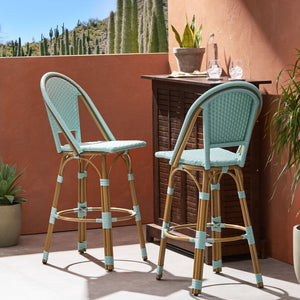 English Elm 29.5" Outdoor Pe Rattan Bistro Barstools Set of 2 Woven Teal French Cafe Style 72606.00LT