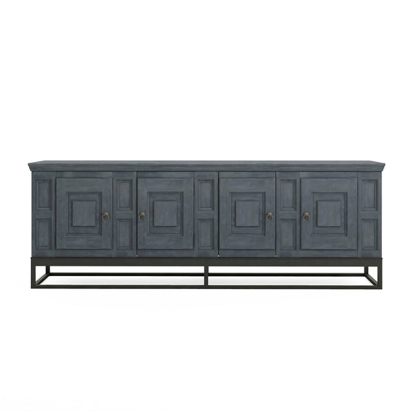 A.R.T. Furniture Alcove Entertainment Console: Stylish Slate & Burnished Brass, Ample Storage, And Organized Design Blue Acacia Solids,Maple Veneers,Iron 321423-2821
