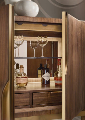 Hooker Furniture Eleana Light Caramel Walnut Bar On Stand With Sunlit Bronze Accents, Backlit Cabinet & Adjustable Shelves 7252-50160-85