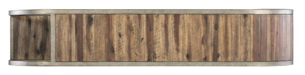 Hooker Furniture Commerce Rustic Pewter Console Table 74" W Curved Open-Ended Design With Planked Wood Shelf, Distressed Finish 7228-80207-85