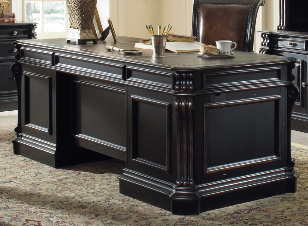 Hooker Furniture Telluride Stately 76" Executive Desk With Cherry Veneers, Bonded Leather Top, Locking Pedestals, Storage 370-10-563