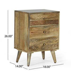 English Elm Christopher Knight Home® - 3 Mango Wood 3-Drawer Bedside Nightstand with Carved Geometric Texture, Boho Handcrafted Accent 71753.00