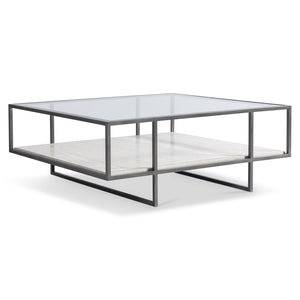 Bernhardt Bernhardt Harlow Cocktail Table — 44" Modern Industrial Coffee Table With Travertine Shelf, Glass Top, Bronze Frame 514022