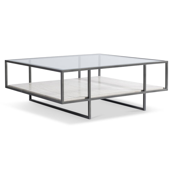 Bernhardt Bernhardt Harlow Cocktail Table — 44" Modern Industrial Coffee Table With Travertine Shelf, Glass Top, Bronze Frame 514022