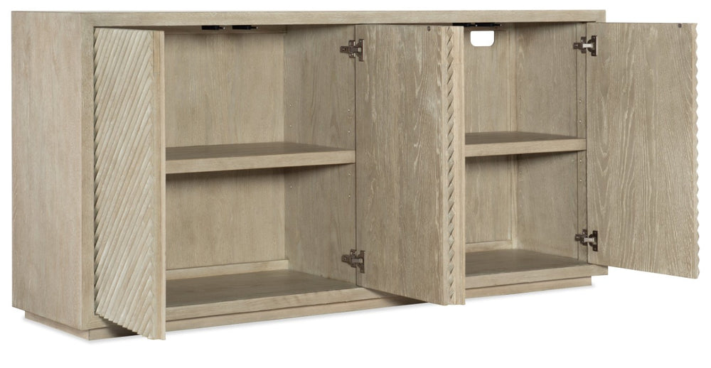 Hooker Furniture Cascade Credenza In Terrain Soft Taupe Oak Veneer With Reeded Front, Soft-Close Doors & Adjustable Storage 6120-75900-80