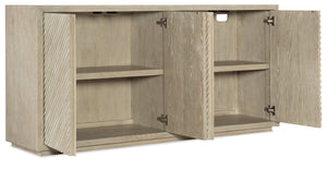 Hooker Furniture Cascade Credenza In Terrain Soft Taupe Oak Veneer With Reeded Front, Soft-Close Doors & Adjustable Storage 6120-75900-80