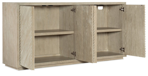 Hooker Furniture Cascade Credenza In Terrain Soft Taupe Oak Veneer With Reeded Front, Soft-Close Doors & Adjustable Storage 6120-75900-80