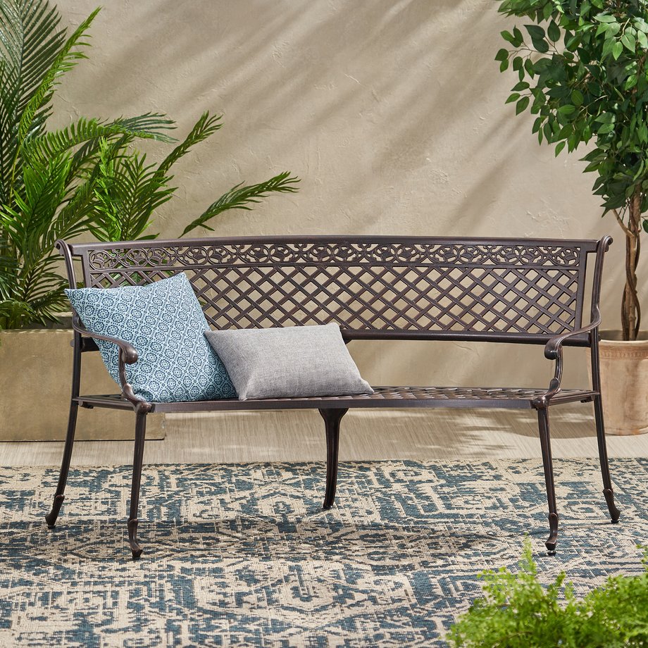 English Elm Tahoe Curved Cast Aluminum Outdoor Bench with Diamond Pattern and Copper Finish N773P348377C