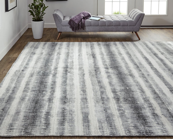 Feizy Rugs Mackay Hand Woven Viscose And Wool Low Pile Striped Rug For Luxurious Modern Home Decor Gray,Ivory,Black Viscose,Wool Mky8824fchl000f00