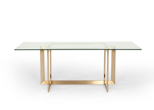 VIG Furniture Keaton Sculptural Tempered Glass Dining Table With Brass Metal Base, Seats 6, Sleek Modern Glamour VGVCT8961-G